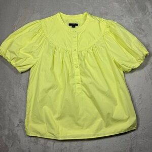 J.Crew Puff Sleeve Cotton Poplin Popover Button Neckline Neon Yellow Blouse 2